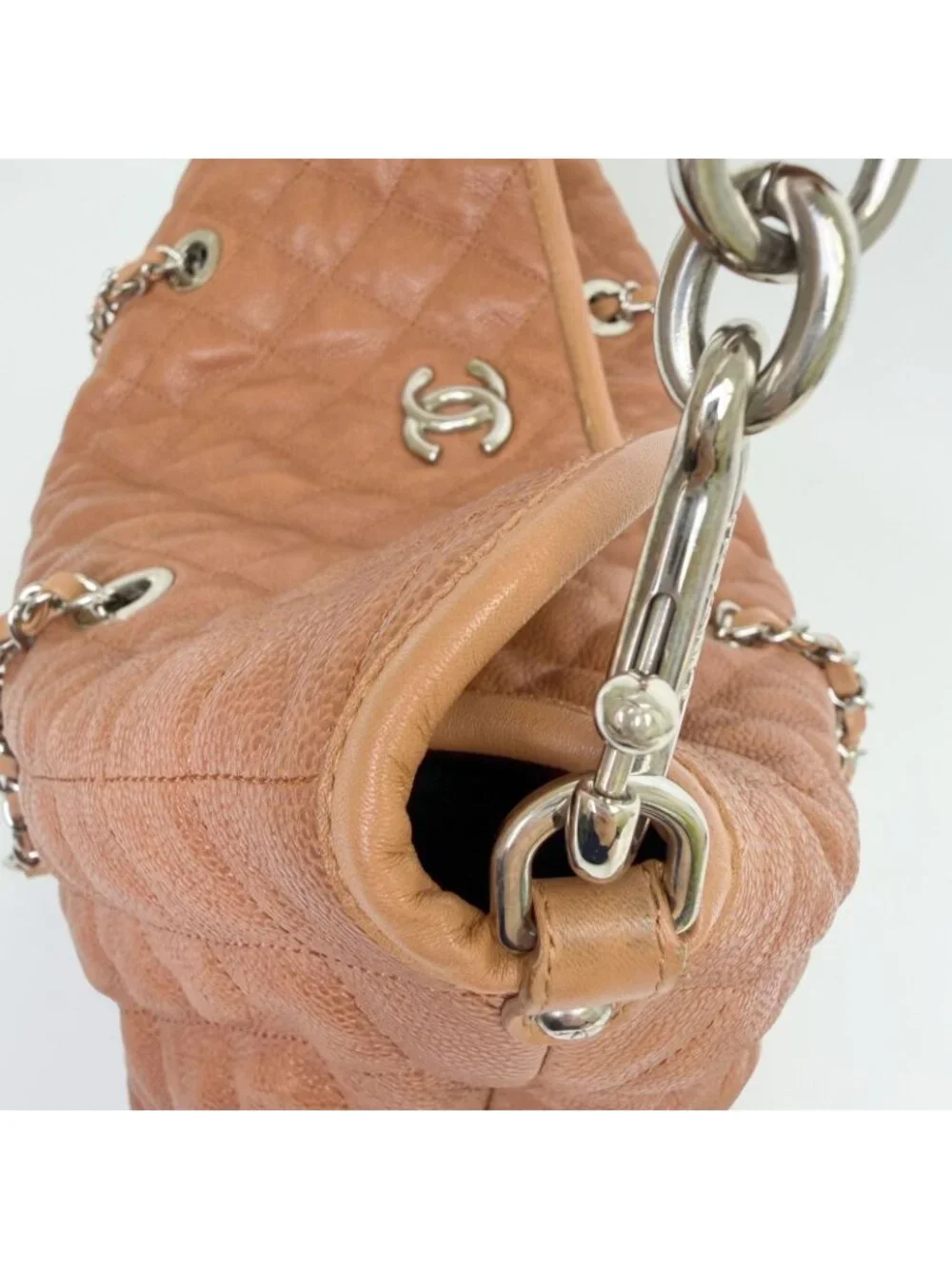 Chanel CC Logo Quilted 2-Way Chain Shoulder Bag Caviar Leather Camel Brown Seal
